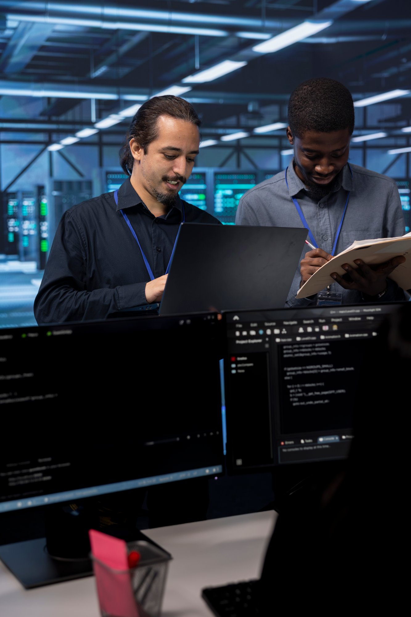 happy-engineers-checking-signs-imminent-failure-data-center